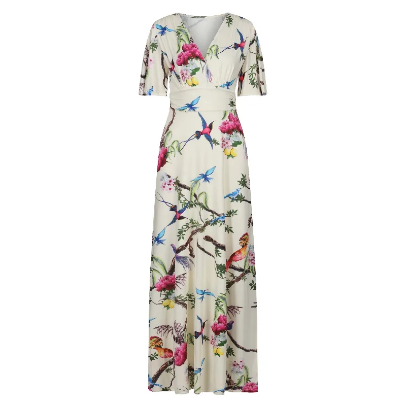 Pale Yellow Bird Print Waterfall Sleeve Maxi Dress