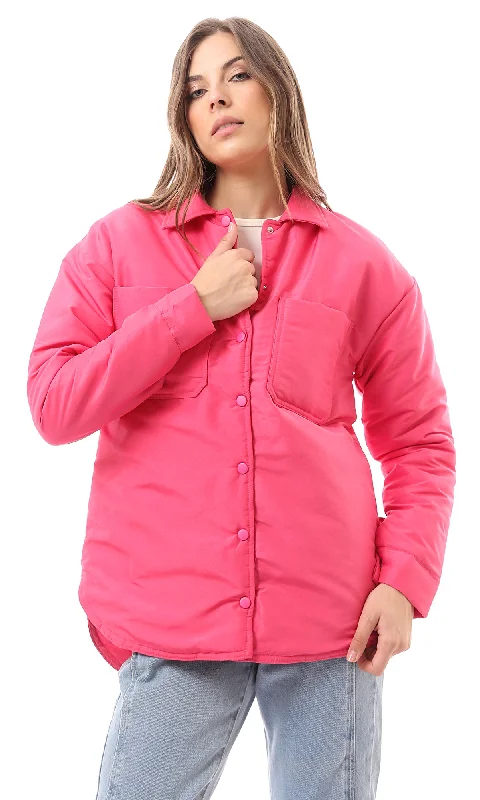 O170784 Fuchsia Puffer Jacket With Front Patched Pockets