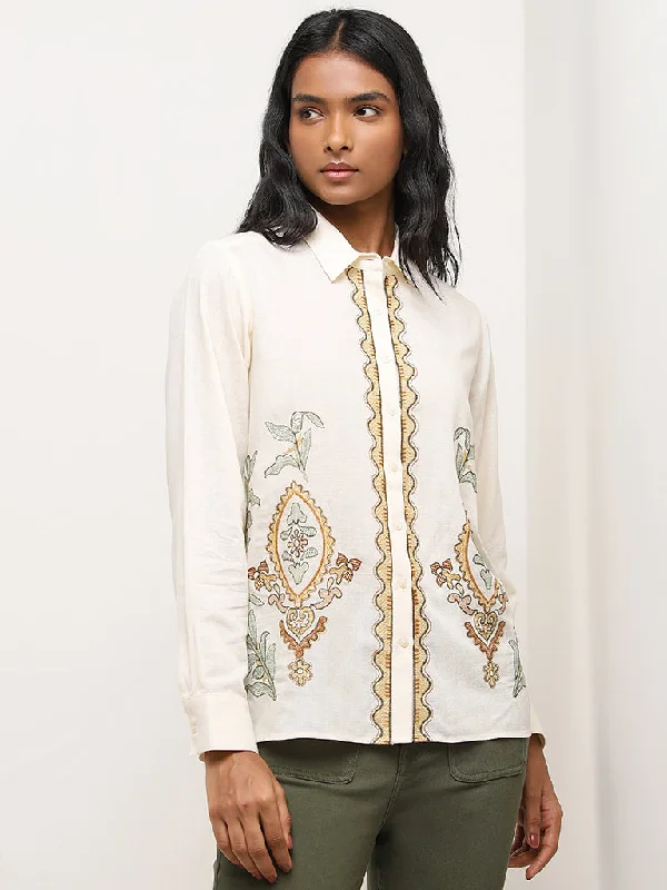 LOV Off-White Embroidered Blended Linen Shirt